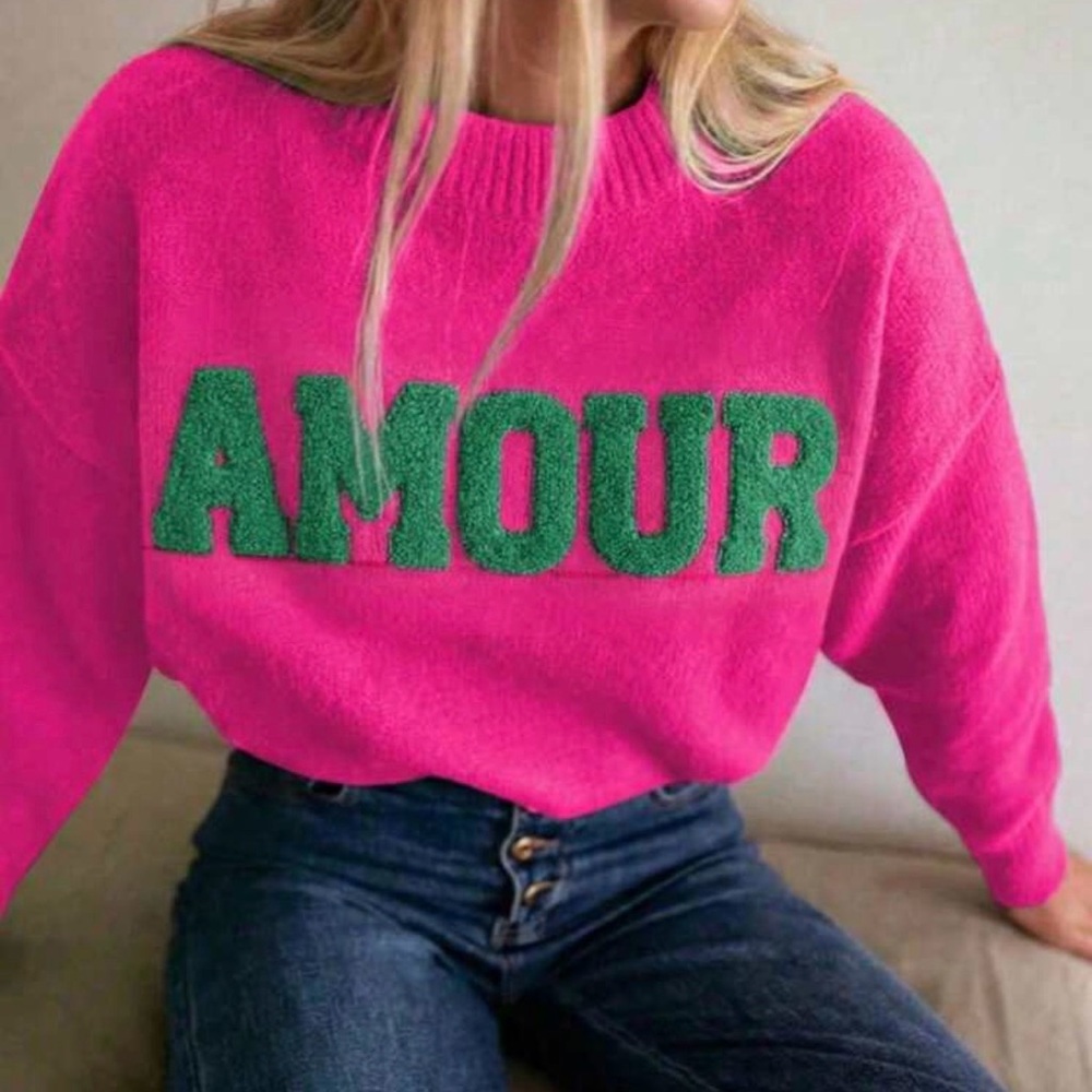 AMOUR Crewneck Sweater in Hot Pink with Green Lettering
